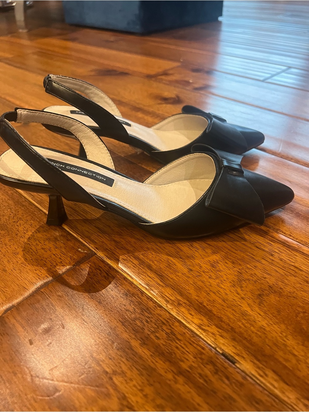 French Connection Black Pointed Slingback Kitten Heels with Bow